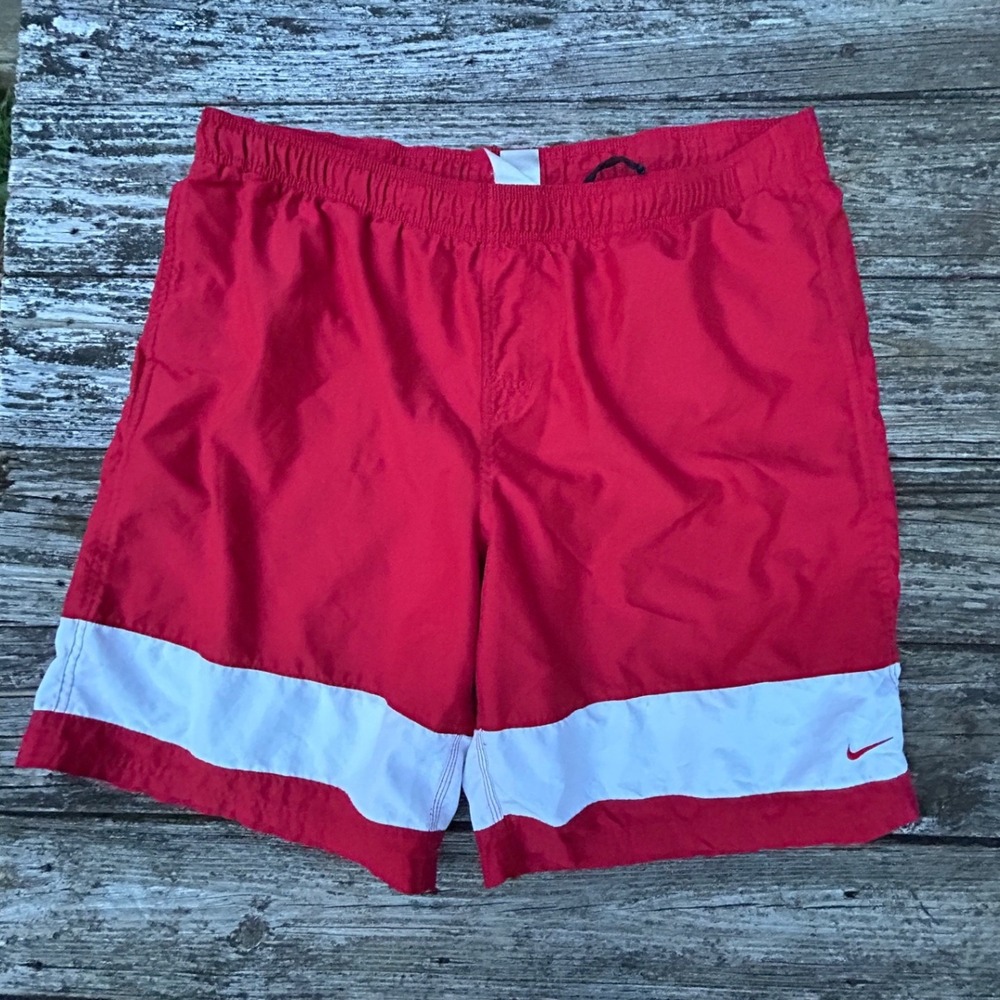 Nike Vintage Y2K Red White Colorblock Nylon Athletic Shorts Swim Streetwear 90's